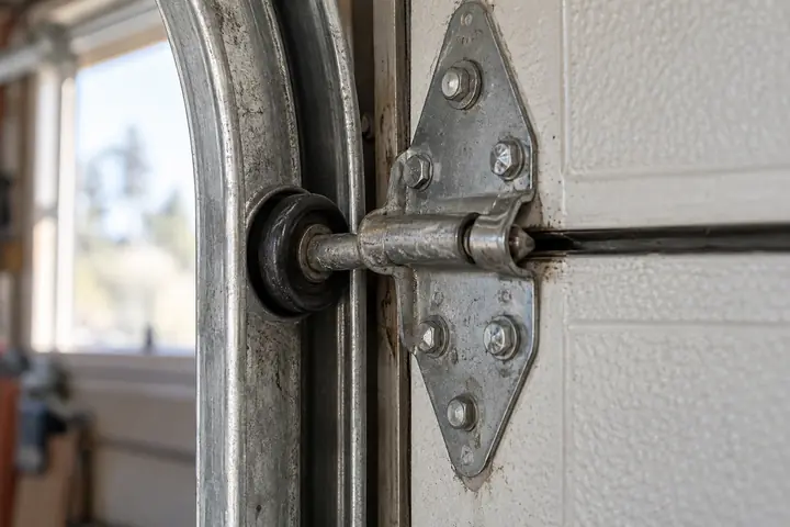 Close view of a worn roller and hinge in a garage door track